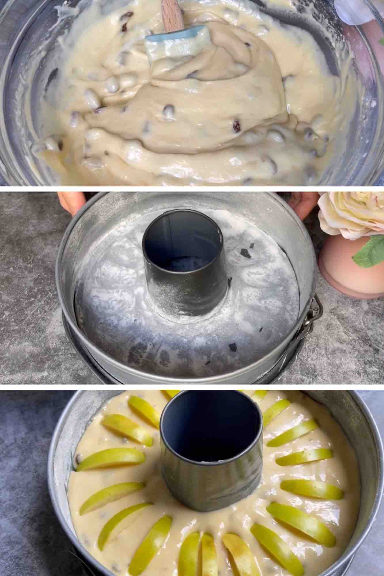 A collage of three process photos for making Apple and Raisin Bundt Cake with caramel drizzle. The first photo shows a glass bowl filled with creamy batter mixed with raisins. The second photo features a bundt pan greased with butter and dusted with flour, ready for baking. The third photo displays the creamy batter poured into the pan, with sliced apples arranged around the center.