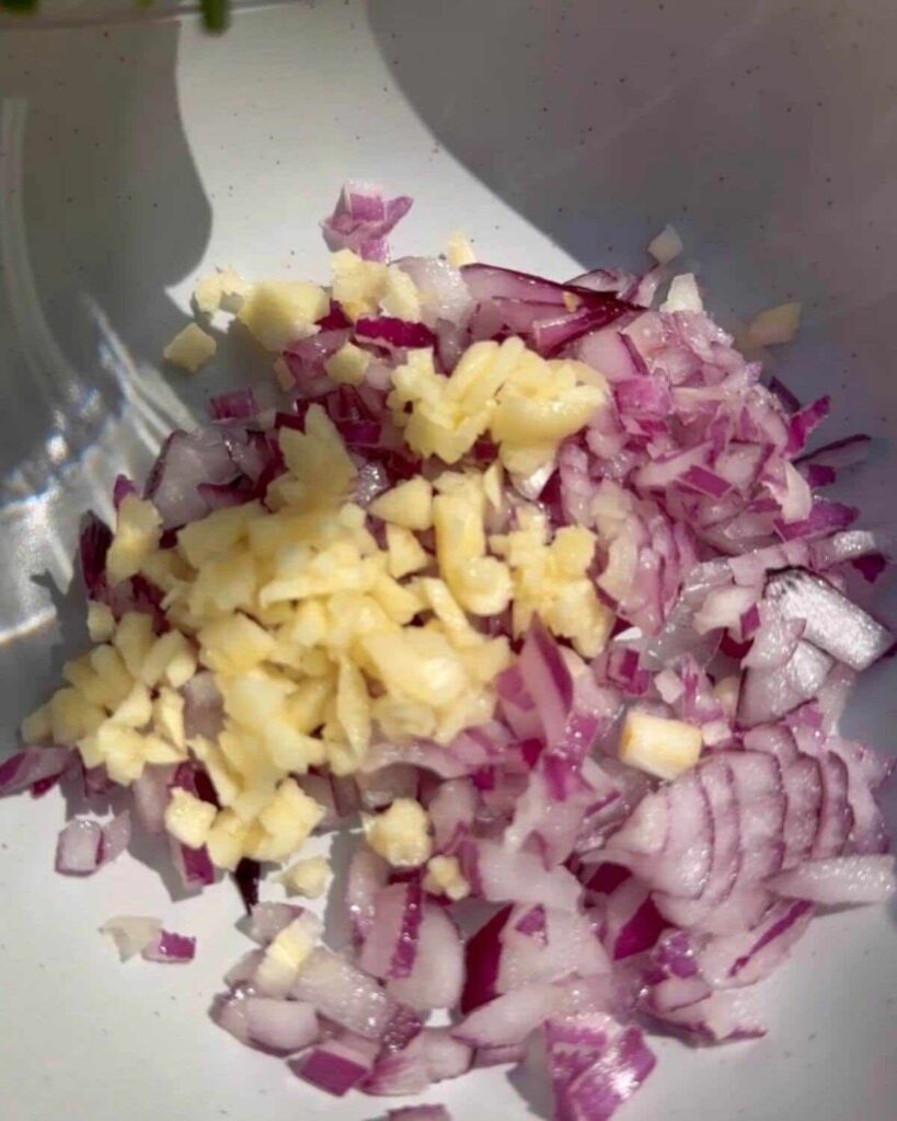 A bowl of chopped red onion and garlic, ready to be combined with other ingredients to make chimichurri sauce.