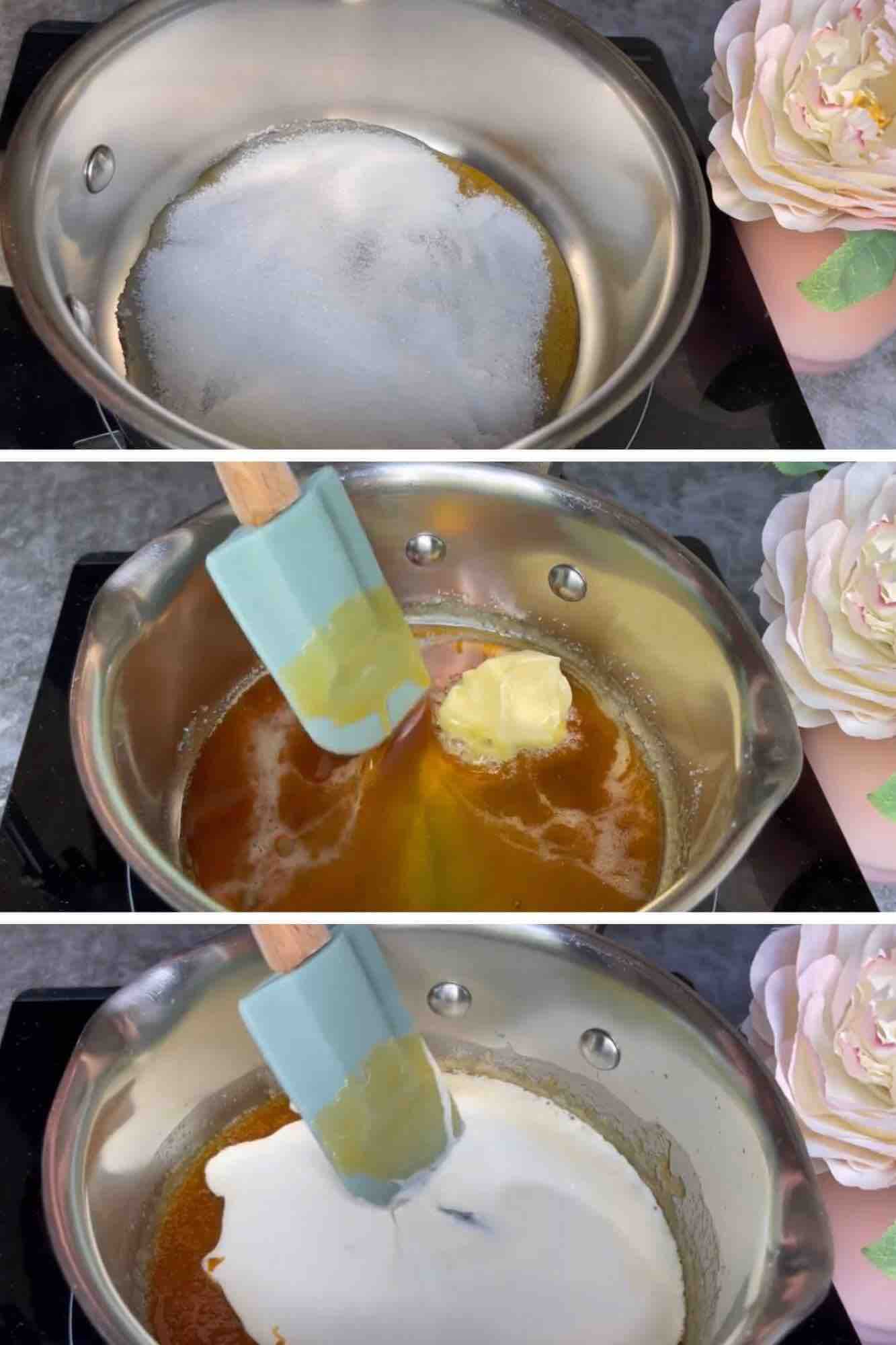 A collage of three process photos for making Apple and Raisin Bundt Cake with caramel drizzle. The first photo shows a pan with sugar inside, ready to be melted. The second photo features the pan with caramelized sugar, with butter being added. The third photo displays the creamy caramel, with whipping cream being incorporated to create the caramel sauce.