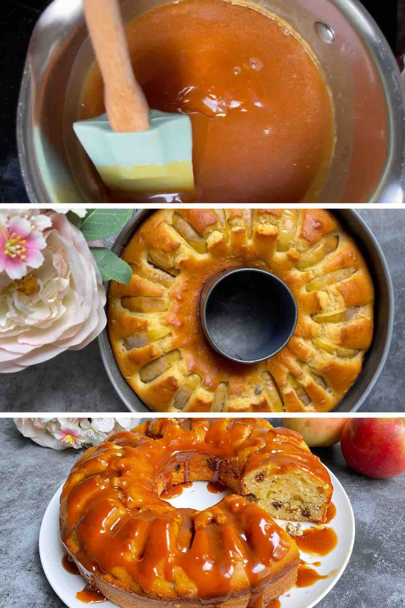 A collage of three process photos for making Apple and Raisin Bundt Cake with caramel drizzle. The first photo shows a pan of caramel sauce. The second photo features the baked golden-brown bundt cake. The third photo displays the creamy caramel being drizzled on top of the apple and raisin bundt cake.