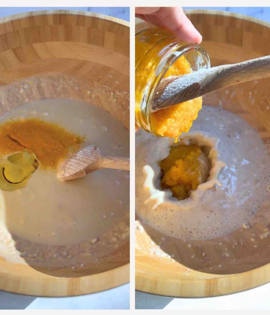 Process shots on how to make the dough for pumpkin shaped bread