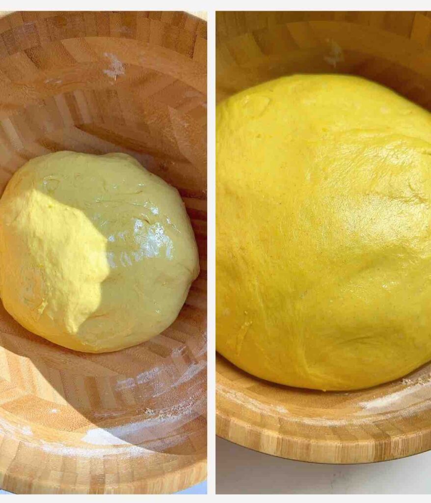 Process shots on how to make the dough for pumpkin shaped bread