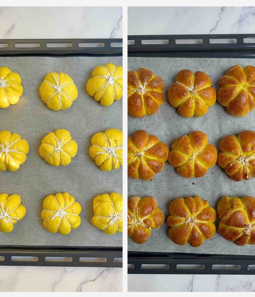 Process shots on how to shape the dough into  little loafs. 