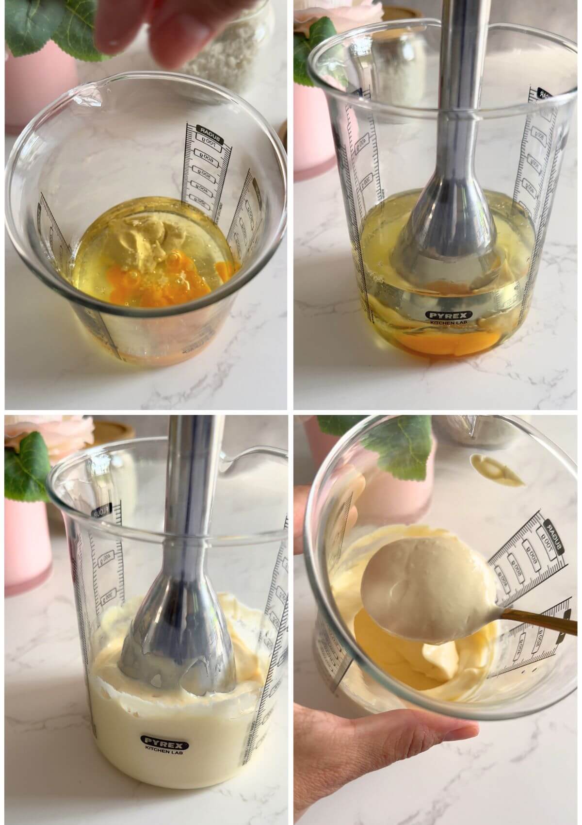 Four process photos of how to make mayonnaise. The first photo shows a tall measuring cup with egg, lemon juice, oil, and salt. The second photo features a hand blender blending the ingredients with an immersion blender. The third photo captures the hand blender mixing until the mayonnaise becomes thick and pale yellow. The fourth photo showcases the creamy finished mayonnaise in the measuring cup.