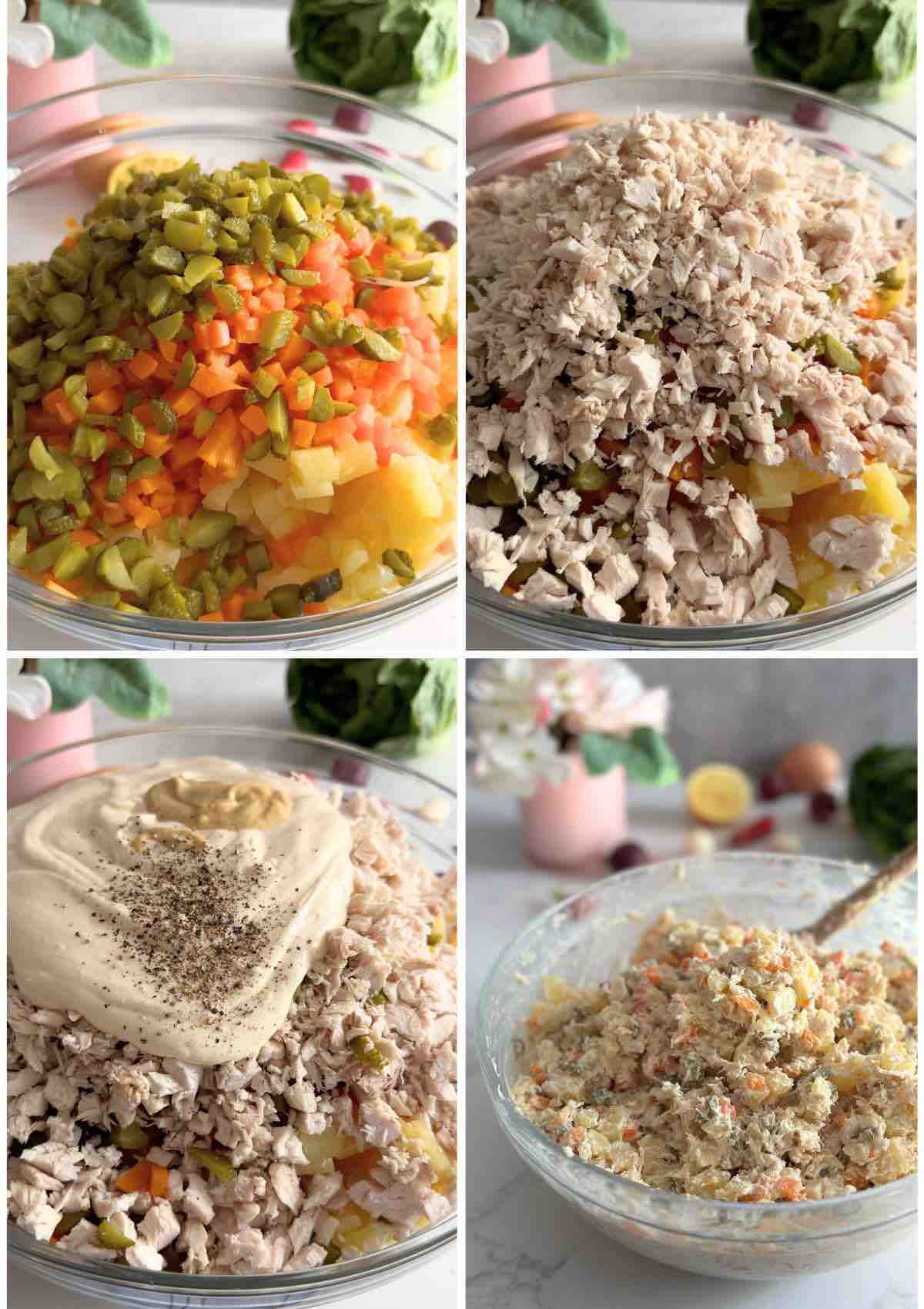 Four process photos for making Beef Salad (Salata de Boeuf). The first photo shows diced potatoes, carrots, and gherkins in a large glass bowl. The second photo features shredded chicken added on top of the vegetables. The third photo captures the addition of homemade mayonnaise, freshly grated pepper, and mustard in the bowl. The fourth photo showcases the creamy finished chicken salad, mixed well to incorporate all ingredients.