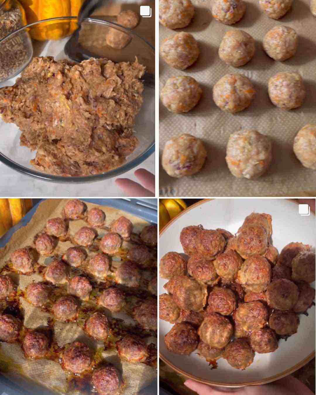 Four Process Photos of How to Make Meatballs
First Photo: The meatball mixture is shown, with all the ingredients fully incorporated, creating a cohesive blend ready for shaping.

Second Photo: The shaped meatballs are arranged on a baking pan lined with parchment paper. Each meatball is distanced from the others, showcasing their round form and readiness to be placed in the oven.

Third Photo: The baked meatballs are freshly taken out of the oven, beautifully golden brown, indicating they are perfectly cooked.

Fourth Photo: A ceramic shallow plate displays the baked meatballs, elegantly garnished with mint leaves, adding a vibrant pop of color to the dish.