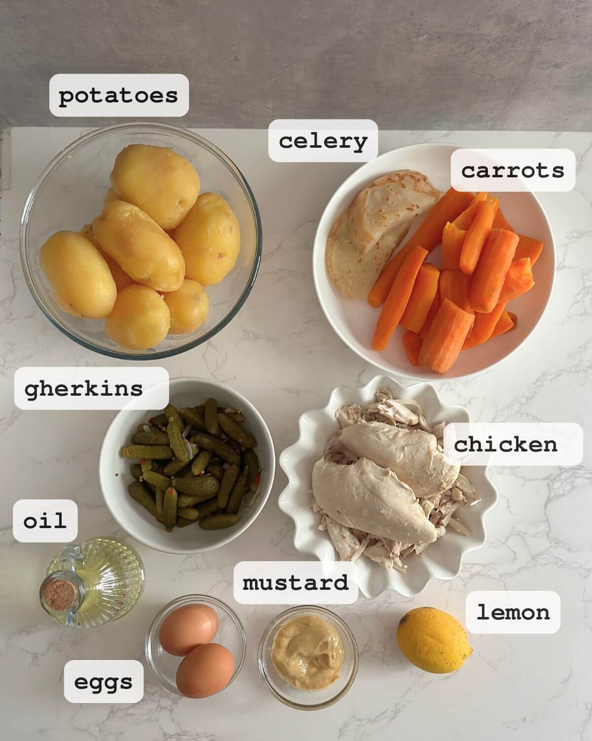 A photo displaying labeled ingredients for Olivier Salad (Salata de Boeuf), including chicken, potatoes cooked and skin peeled, cooked and peeled carrots, celery, gherkins, mayonnaise ingredients: eggs, oil, lemon juice mustard. 