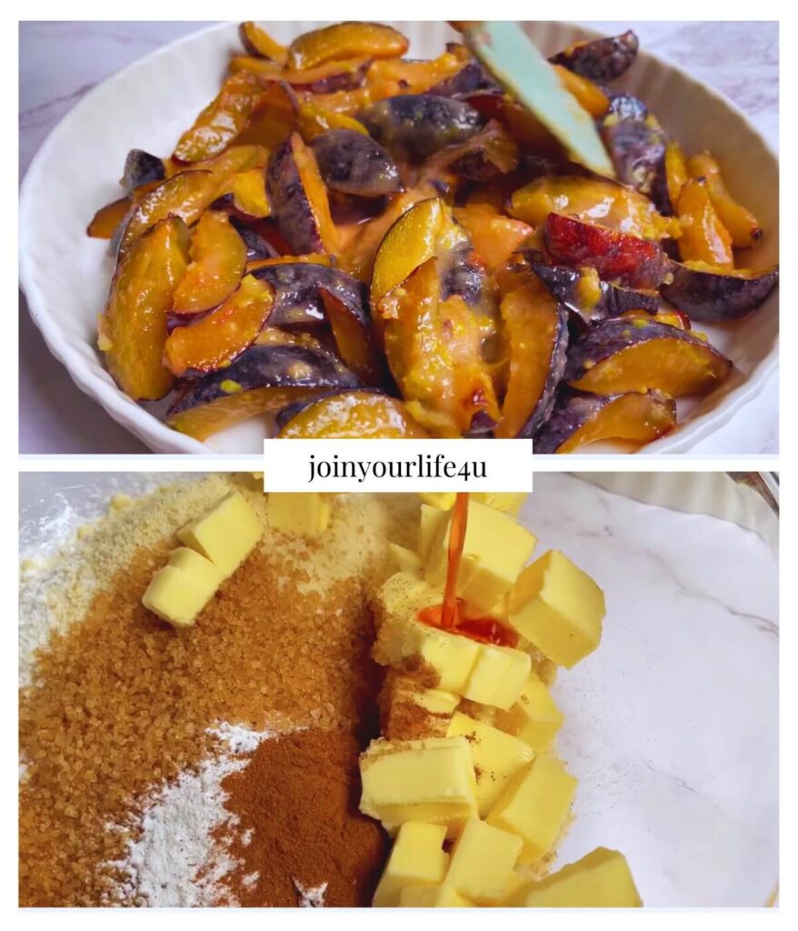 A collage featuring two photos: the first shows plums in a white ceramic round dish coated with white sugar, cornstarch, and lemon zest. The second image displays a large bowl filled with flour, ground almonds, brown sugar, salt, baking powder, cinnamon, and vanilla extract, ready for mixing.