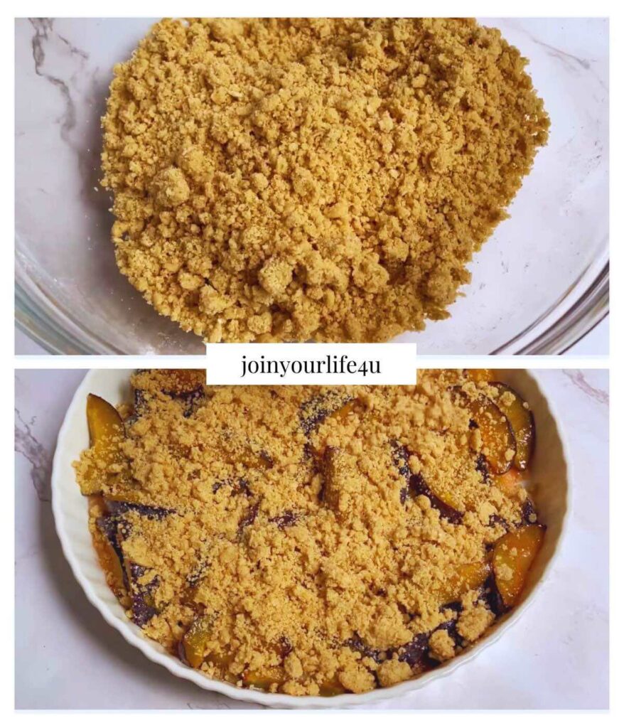 A collage featuring two photos: the first photo shows a large bowl filled with a mixture of flour, ground almonds, brown sugar, salt, baking powder, cinnamon, and vanilla extract, highlighting the dry ingredients for the plum crumble. The second photo displays the crumble topping beautifully set on a layer of fresh plums in a ceramic dish, ready to be baked into a delicious dessert.