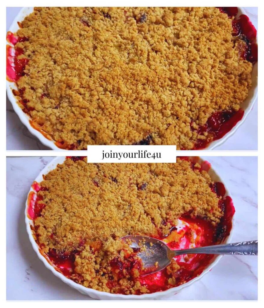 A collage featuring two photos of plum crumble. The first image showcases the crumble with a golden brown top, while the second image highlights the dessert in a ceramic dish, revealing the juicy plum filling at the bottom with two spoons taken out.