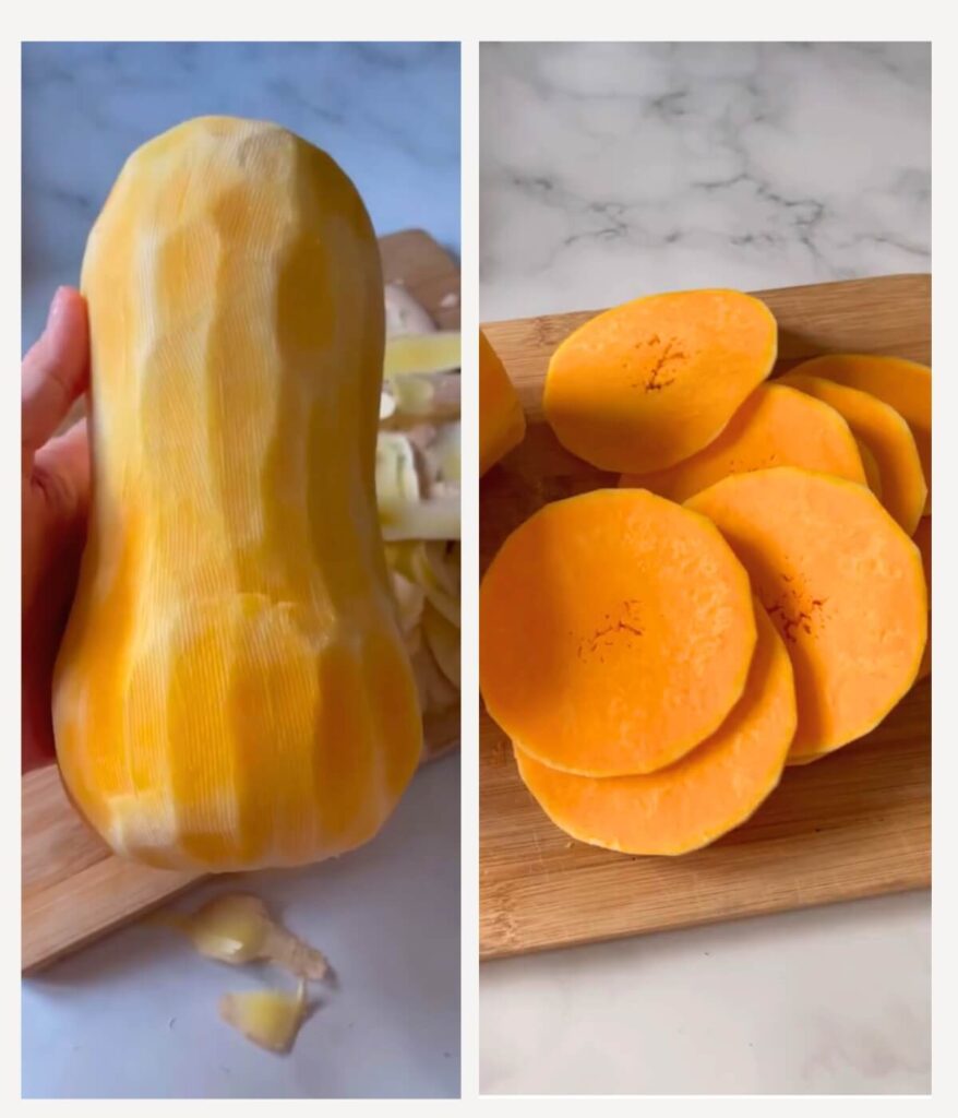 A collage showcasing two images: the first shows a peeled butternut squash, while the second displays thin slices of butternut squash, perfect for making a cozy fall lasagne.