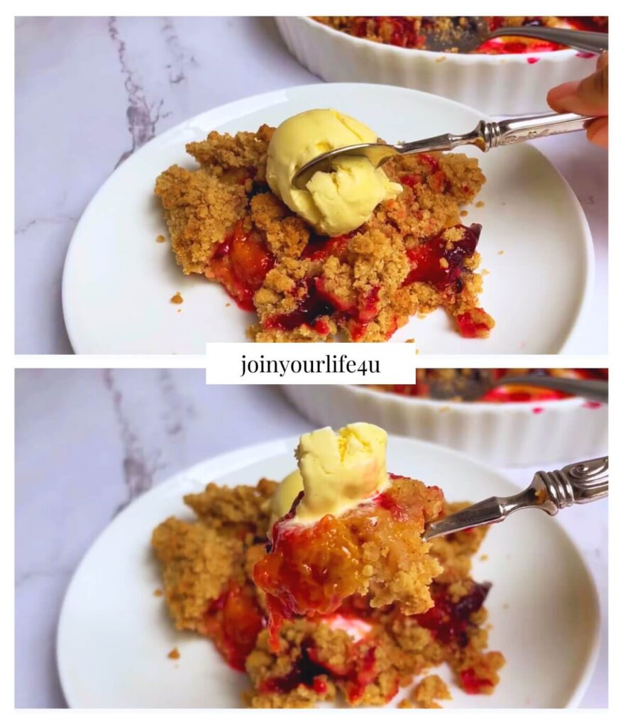 A delicious plum crumble served on a white plate with a scoop of vanilla ice cream and a spoon ready to dig in. The second image shows a spoon lifted with a portion of plum crumble and ice cream, highlighting the vibrant colors and textures of the dessert. Perfect for anyone looking for an easy and tasty treat!