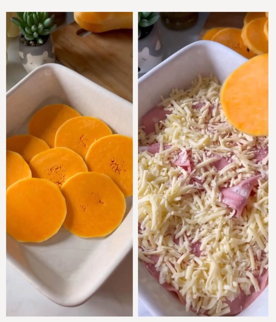 Collage featuring two images of butternut squash lasagne. The first image shows round slices of butternut squash arranged on a white squared ceramic dish. The second image displays the lasagne topped with mortadella and grated parmesan, highlighting this fall comfort food recipe.