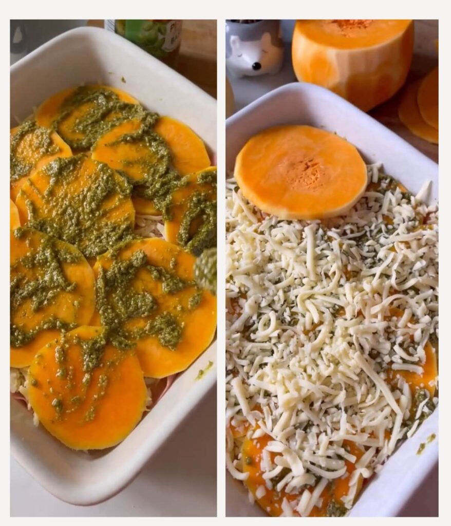 Collage of two images showing the preparation of Butternut Squash Lasagne. The first image features a layer of grated mozzarella over mortadella and round slices of butternut squash. The second image shows pesto added on top of the butternut squash layer, showcasing this easy fall comfort food recipe.