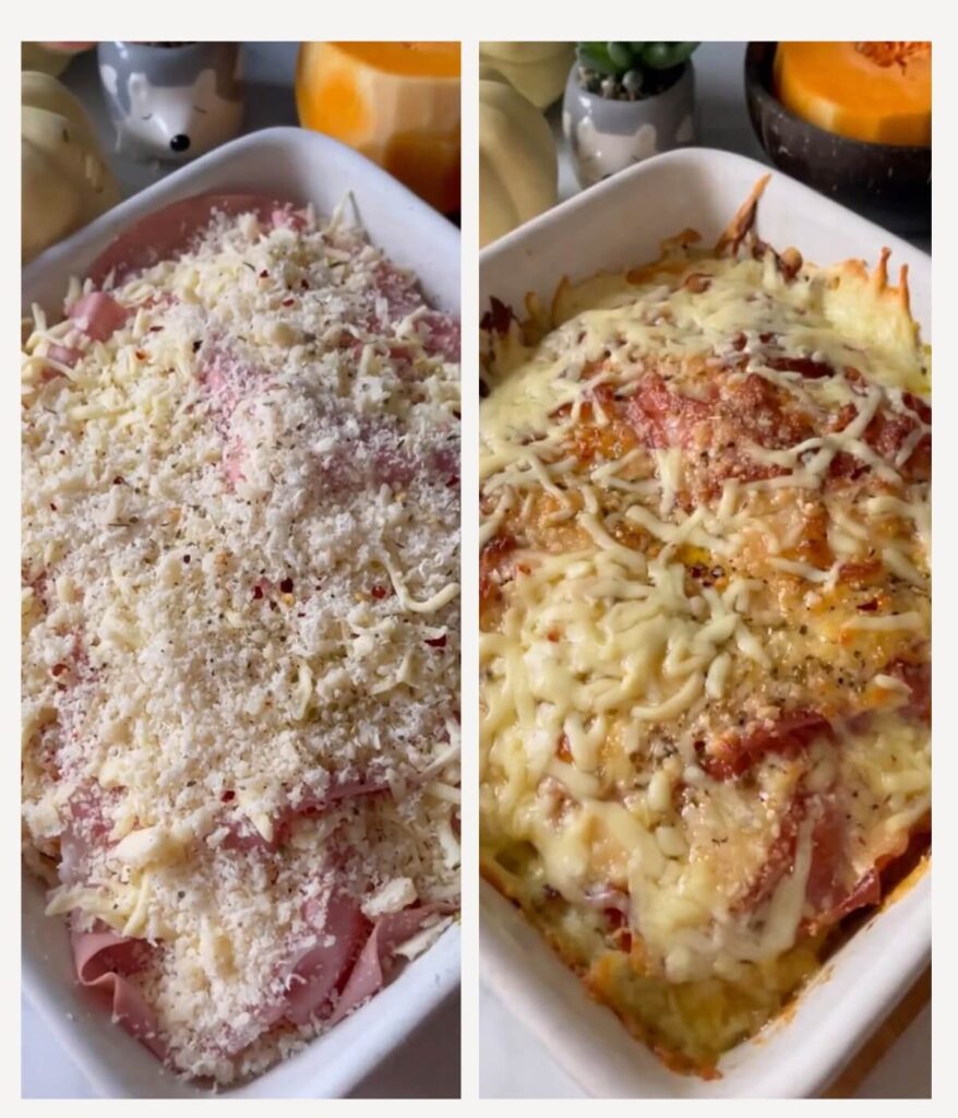 Collage of Roasted Squash Lasagna: one image shows the assembled lasagna ready to be baked, and the second image displays the lasagna freshly taken out of the oven, golden brown.