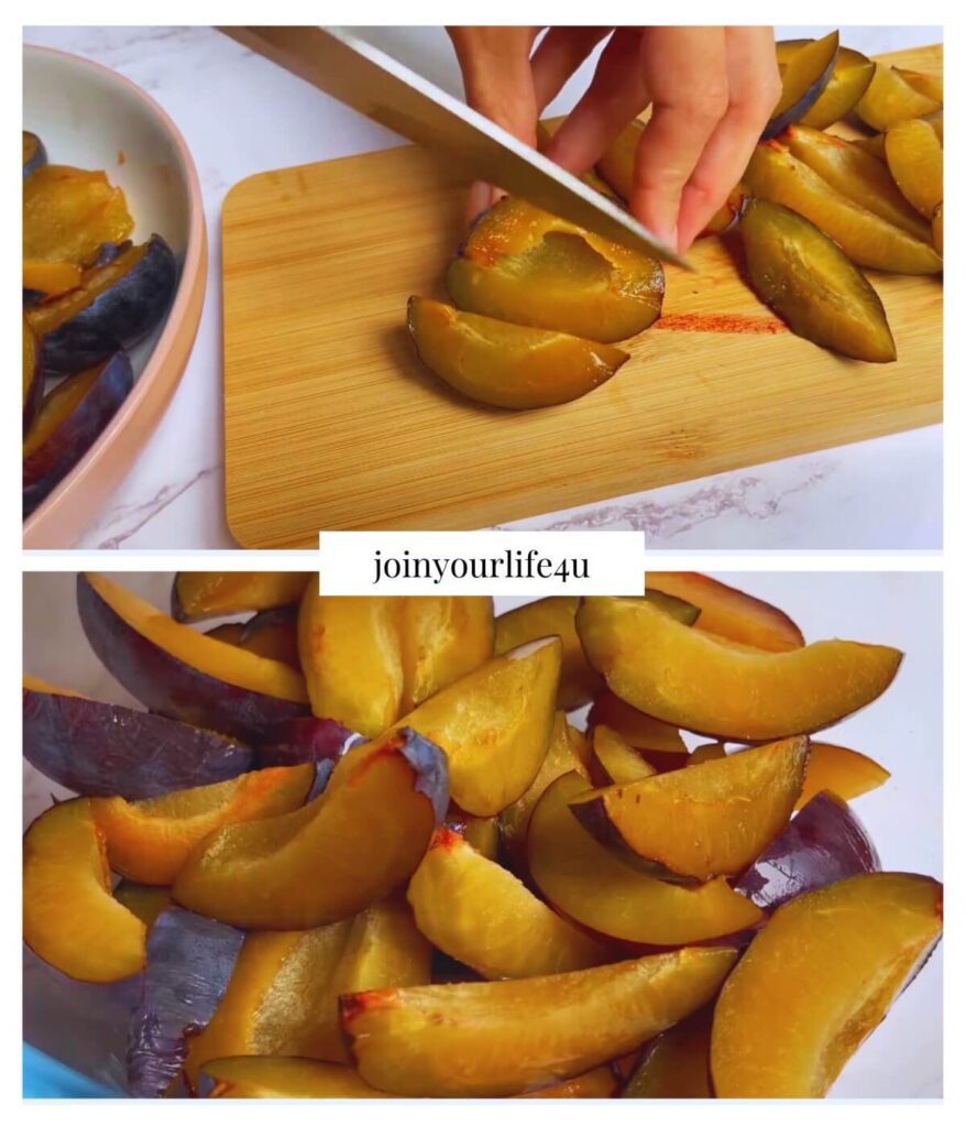 Collage of two images: the first shows a person cutting plums into slices, and the second features the sliced plums in a clear glass bowl. 