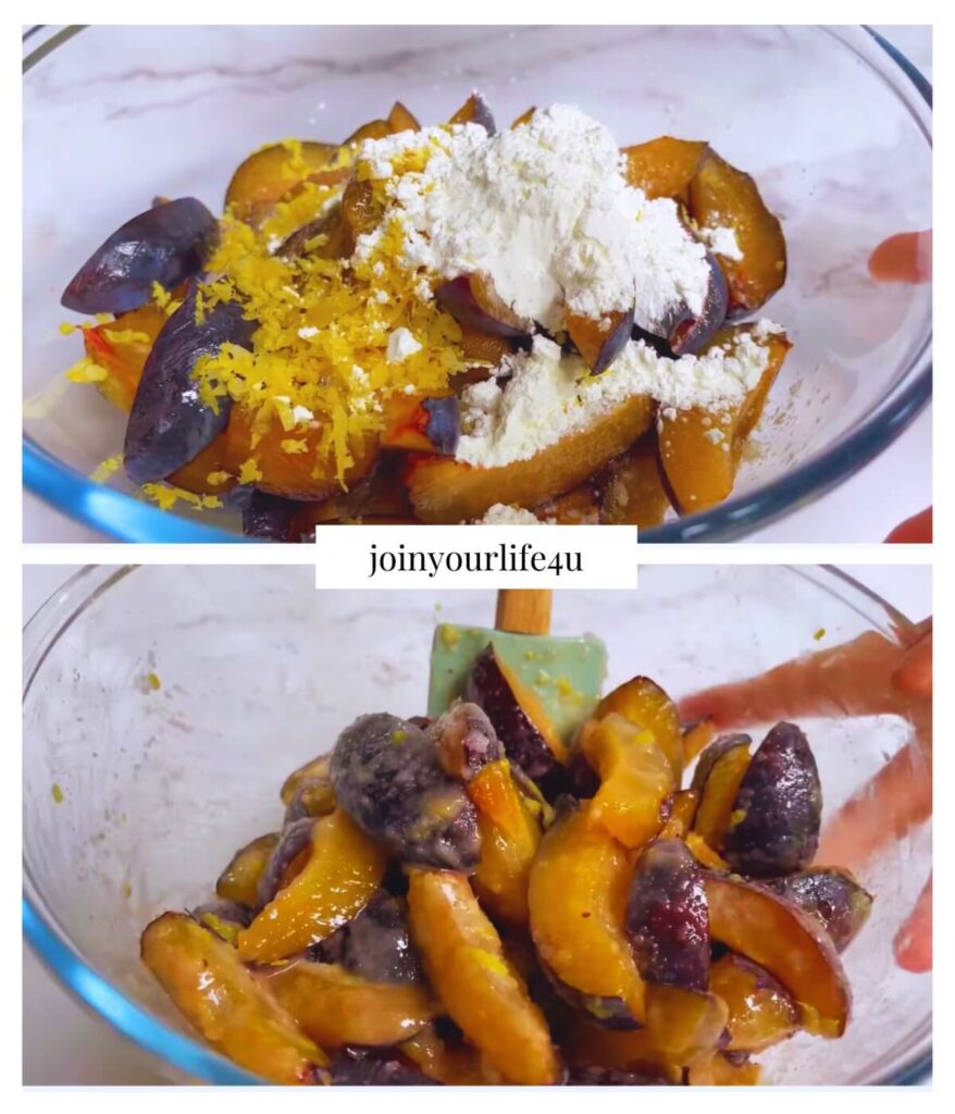 A collage featuring two images: the first shows fresh plums in a bowl with white sugar, cornstarch, and lemon zest, highlighting the ingredients for a plum crumble. The second image displays the plums well-coated in the mixture, ready for baking.