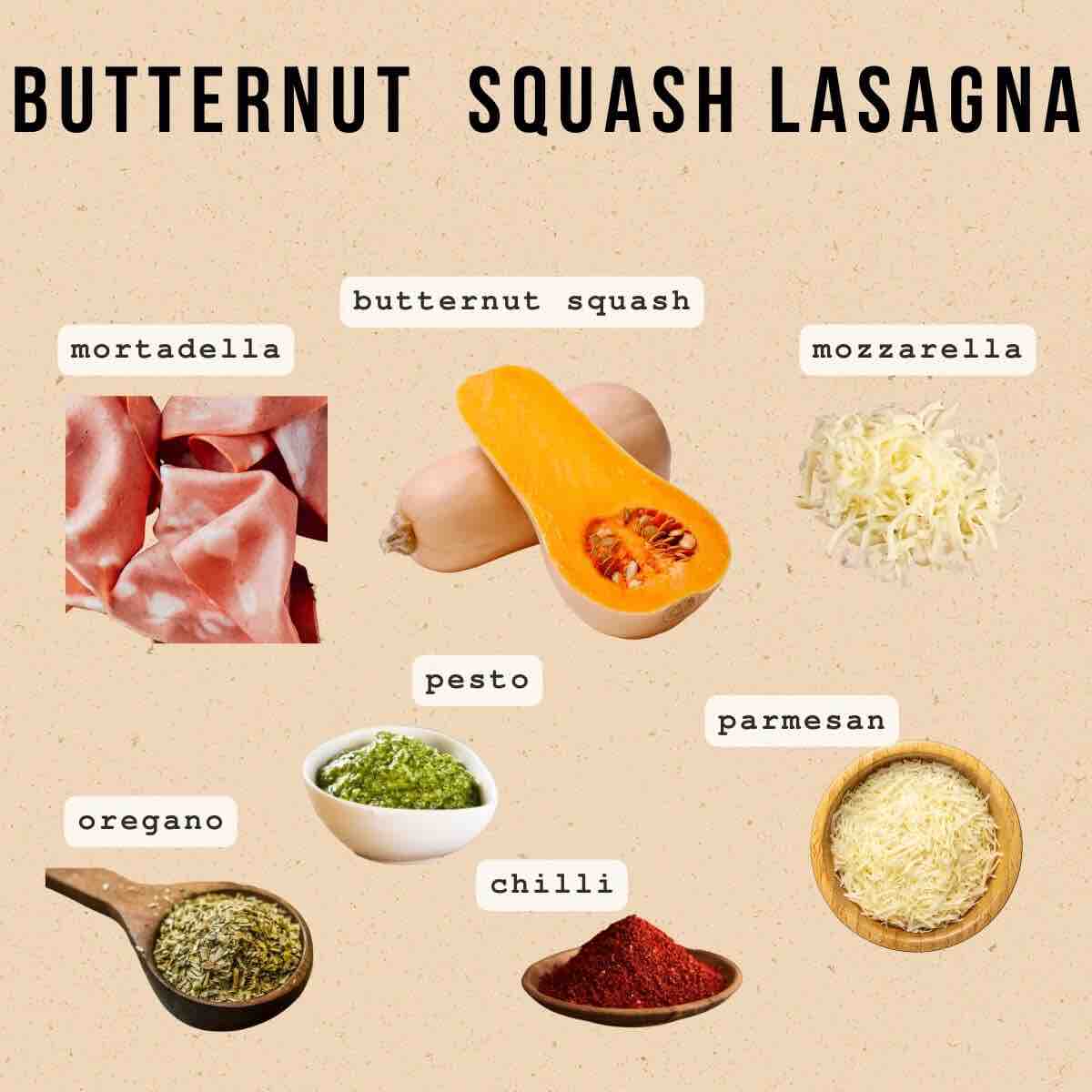 Photo of ingredients to make a delicious Butternut Squash Lasagne for fall: a butternut squash, prosciutto or mortadella, shredded mozzarella, pesto, grated parmesan, dried oregano, chili pepper flakes, and olive oil.