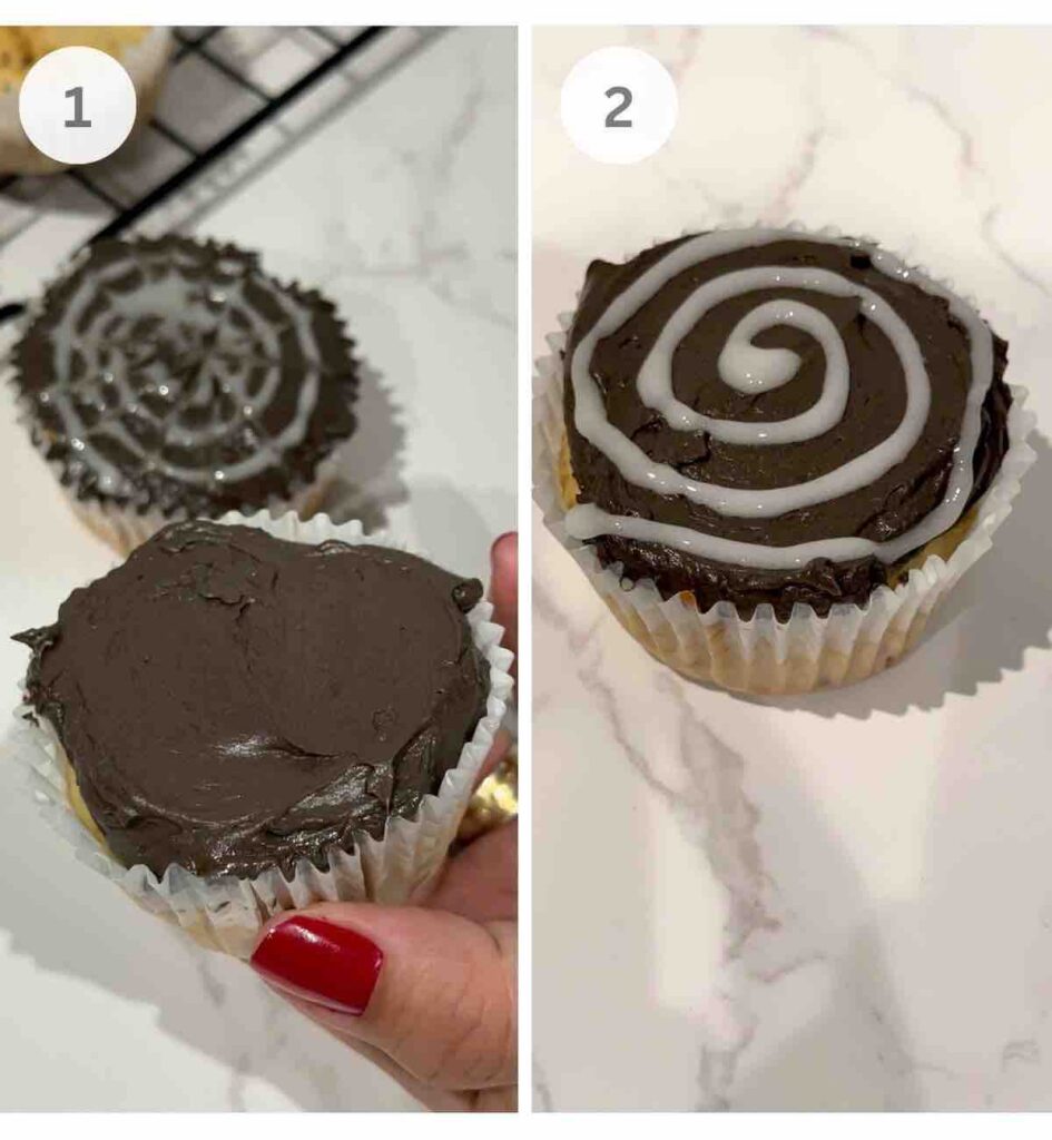 Preparation steps on how to decorate spider web cupcakes