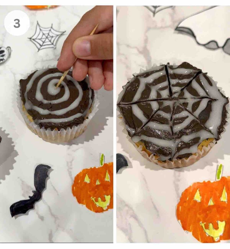 Preparation steps on how to decorate spider web cupcakes