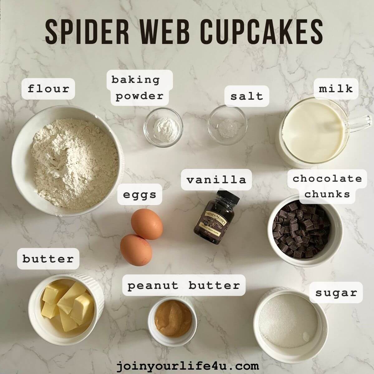 Ingredients in my Spider Web Cupcakes Recipe. 