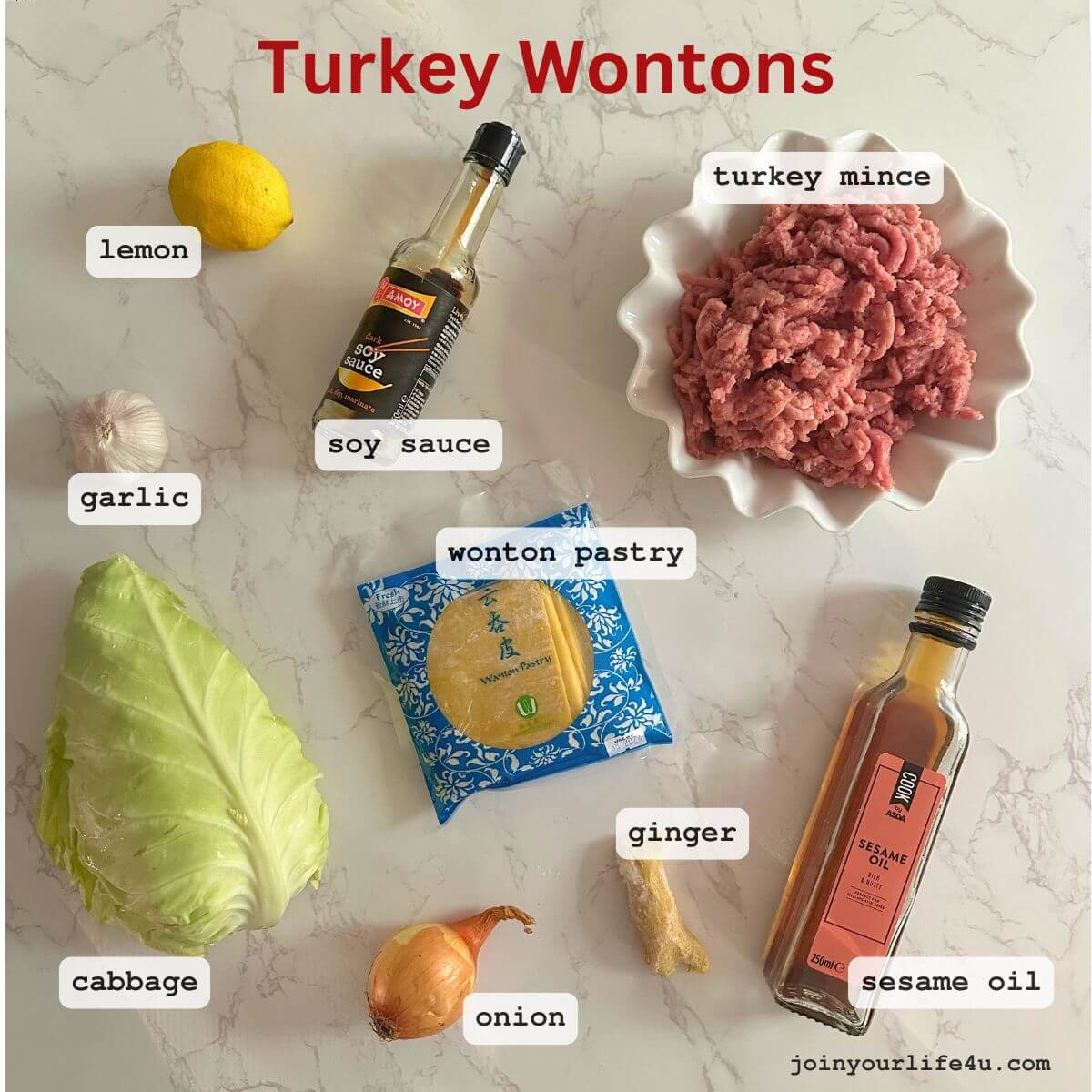 Ingredients for Turkey Wontons: ground turkey, scallion, garlic, lemon zest, fresh ginger, soy sauce, cabbage, oil, and wonton wrappers.