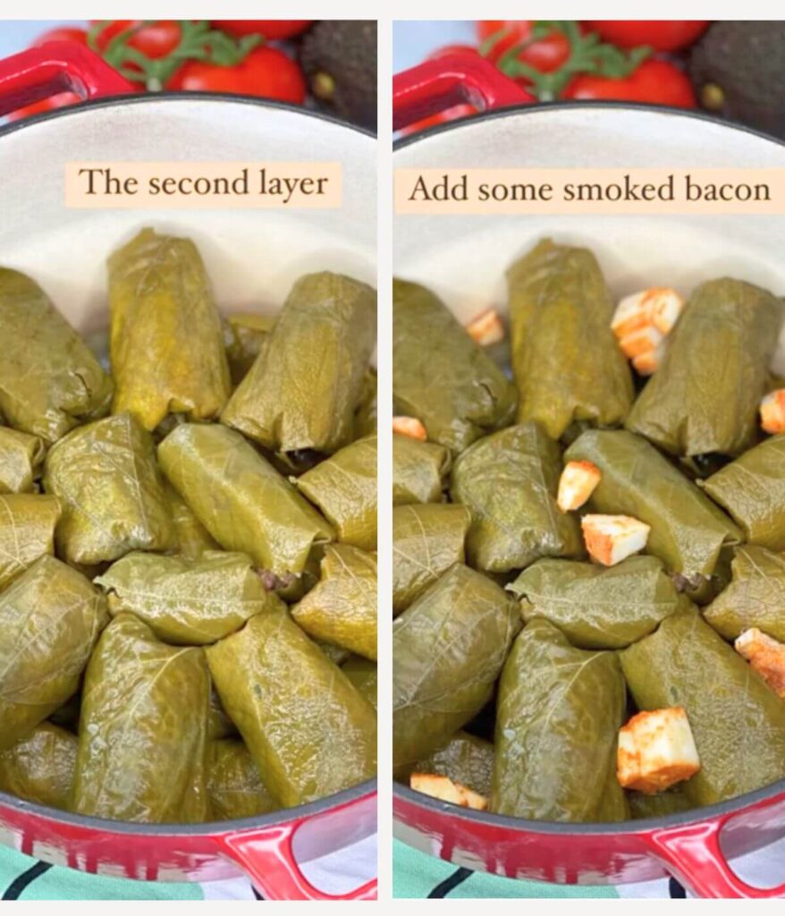 Process shots in my Authentic Romanian stuffed grape leaves with pork and rice