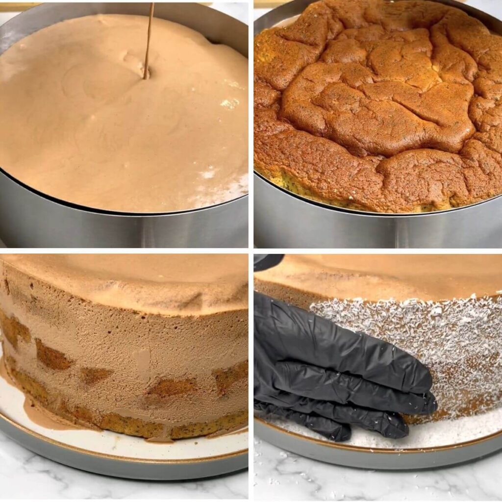 Process shots in my Best chocolate orange poppy seed cake recipe with meringue topping