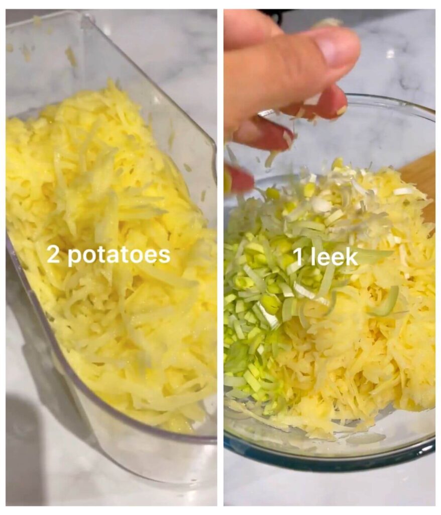 Process shots on How to make Cheesy potato and leek patties