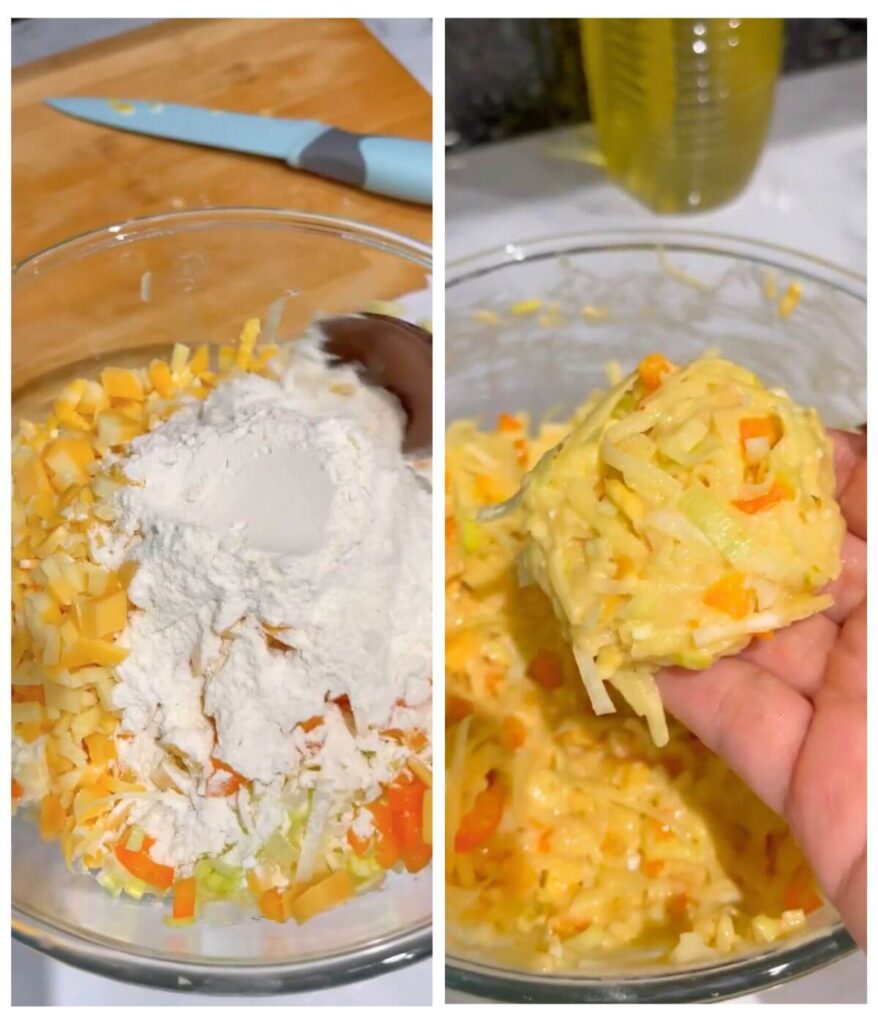 Process shots on How to make Crispy cheesy leek and potato cakes