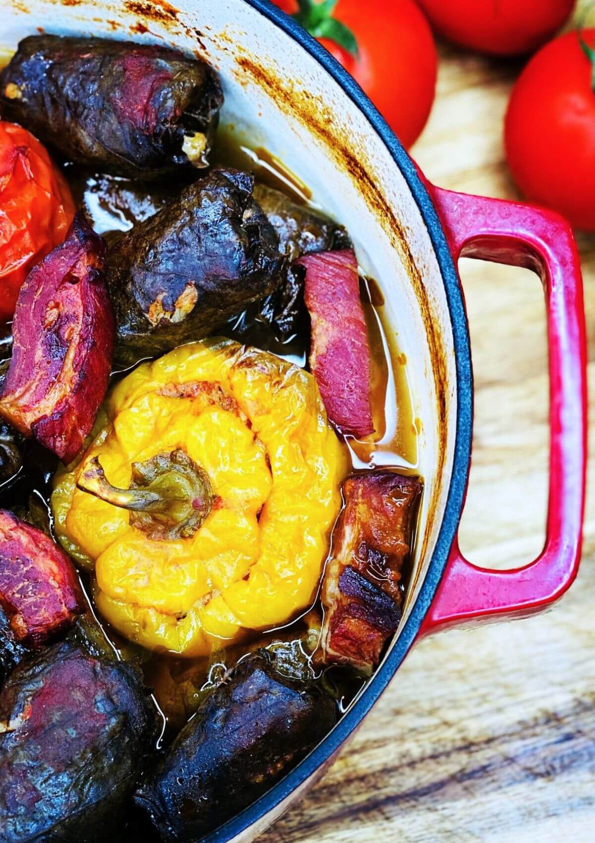 Stuffed Grape Leaves and peppers with pancetta chunks