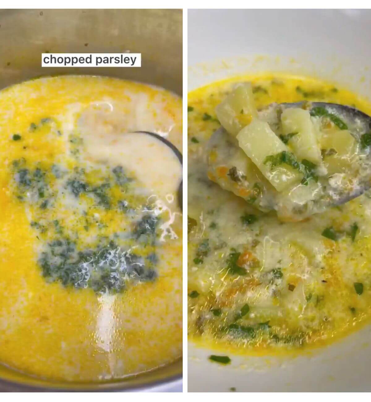 Chopped parsley added to the soup in the pot, now serving in a bowl. 