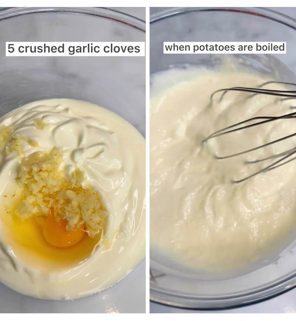 Yogurt, grated garlic, and one egg mixed together in a glass bowl until combined.