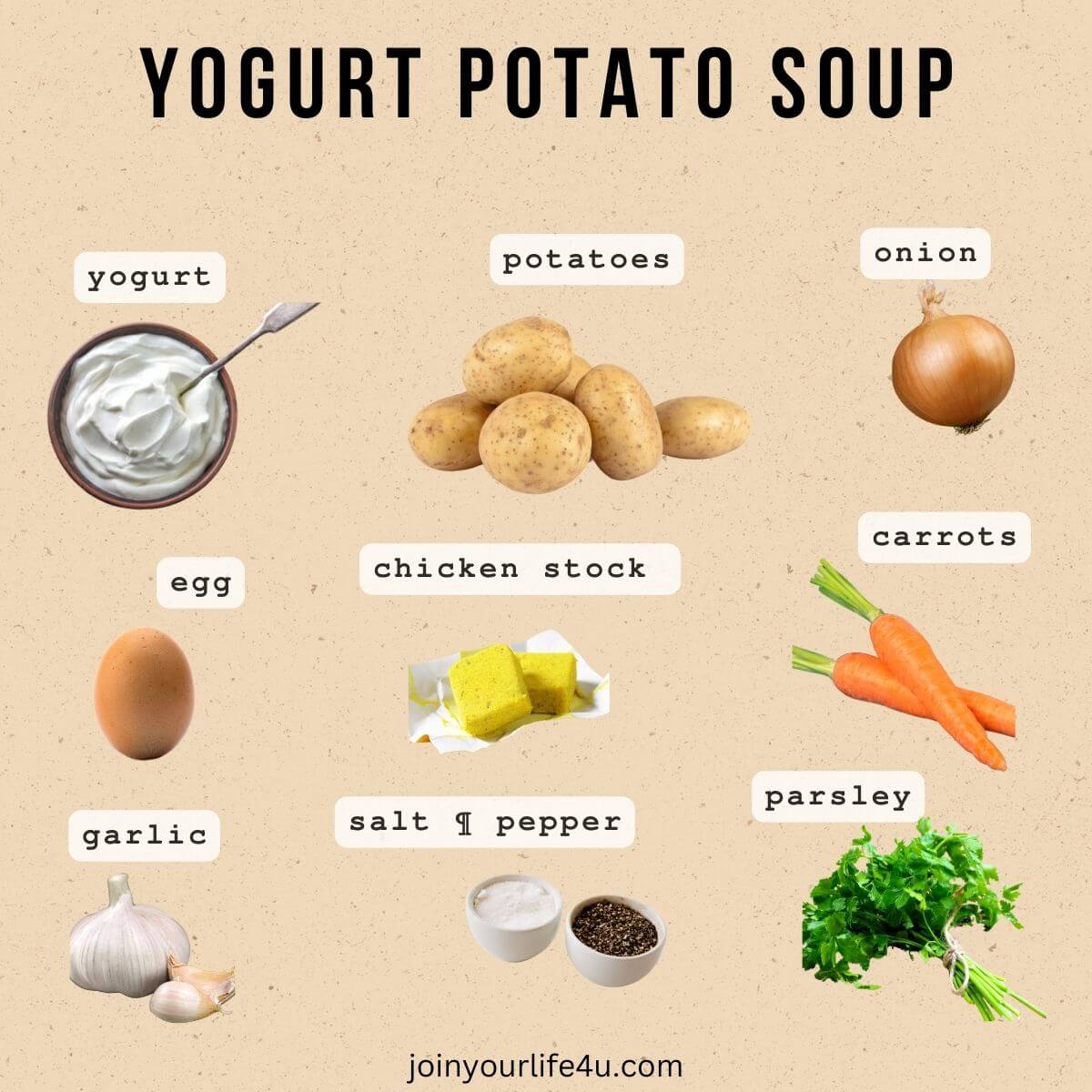 Ingredients for yogurt potato soup: sunflower oil, onion, grated carrots, chicken bouillon cube, salt, black pepper, potatoes, plain yogurt, egg, garlic, fresh parsley, and optional spicy pickled peppers.