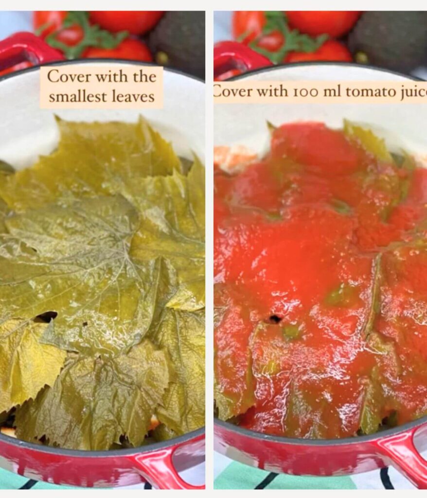 Process shots in my Stuffed grape leaves with tomato sauce and smoked pancetta.