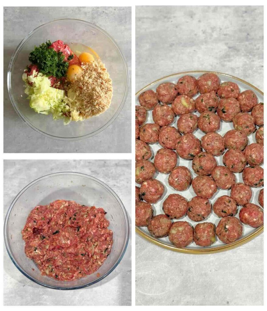 Steps to prepare spaghetti and meatballs: ingredients in a bowl, mixed, then shaped into small balls.