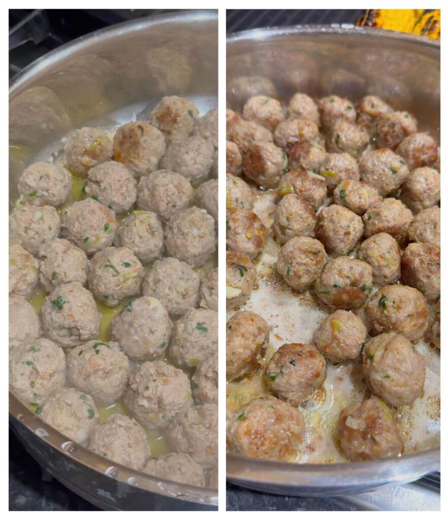 Meatballs in a pan with olive oil and butter, then browned on all sides until golden.