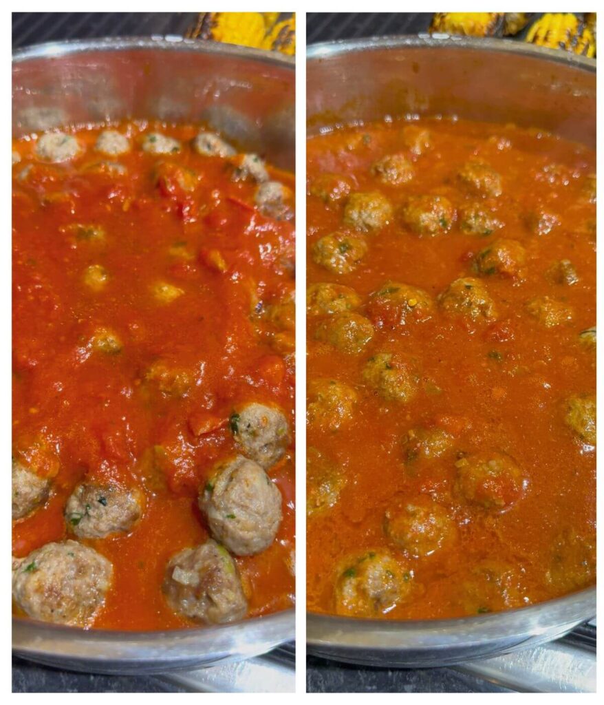 Meatballs in a pan with freshly added tomato sauce, then simmered until rich and flavorful.