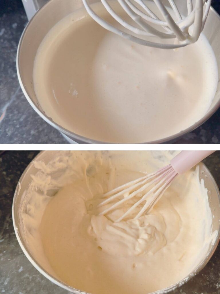 Cake batter fully mixed in a stand mixer, ready to be poured into the baking pan.