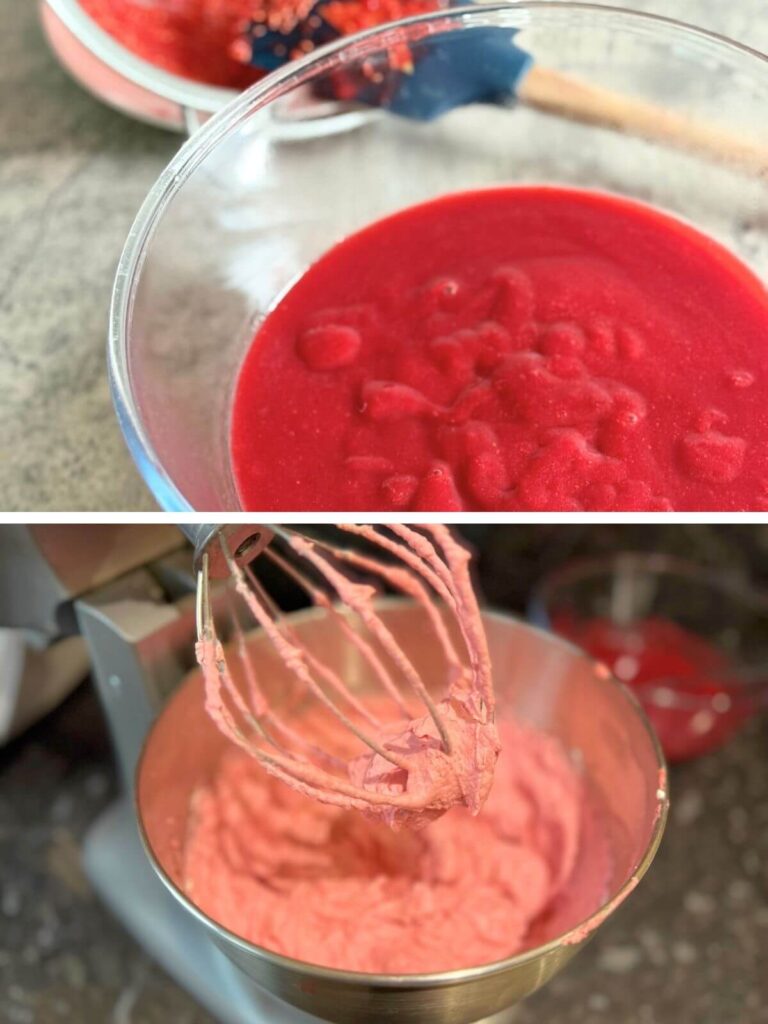 Berry puree ready to use for the heart-shaped cake, alongside prepared buttercream for decorating.