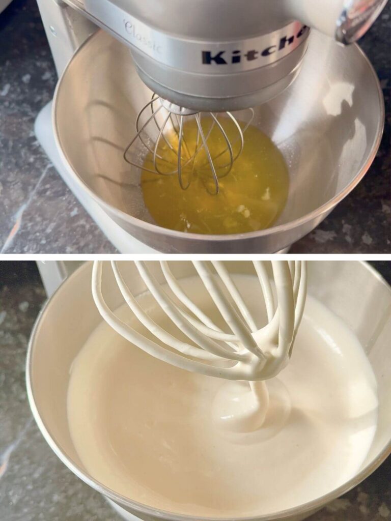 Egg whites whipped to soft peaks in a stand mixer for the cake batter.