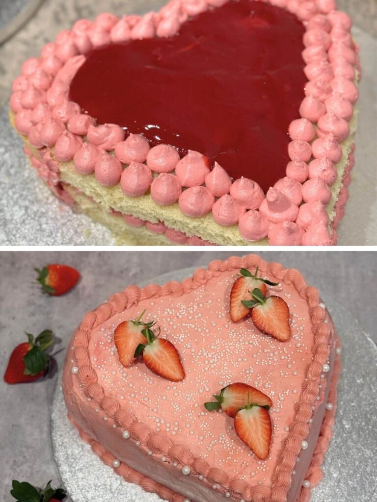 Second layer of cake topped with berry puree and buttercream. Finished heart-shaped cake decorated and ready to serve.