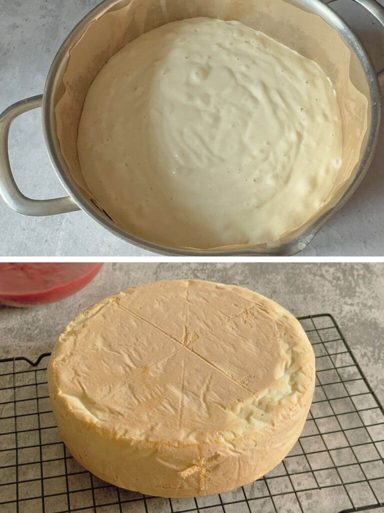 Cake batter poured into a pan ready for baking, with the baked sponge cake cooling on a rack.