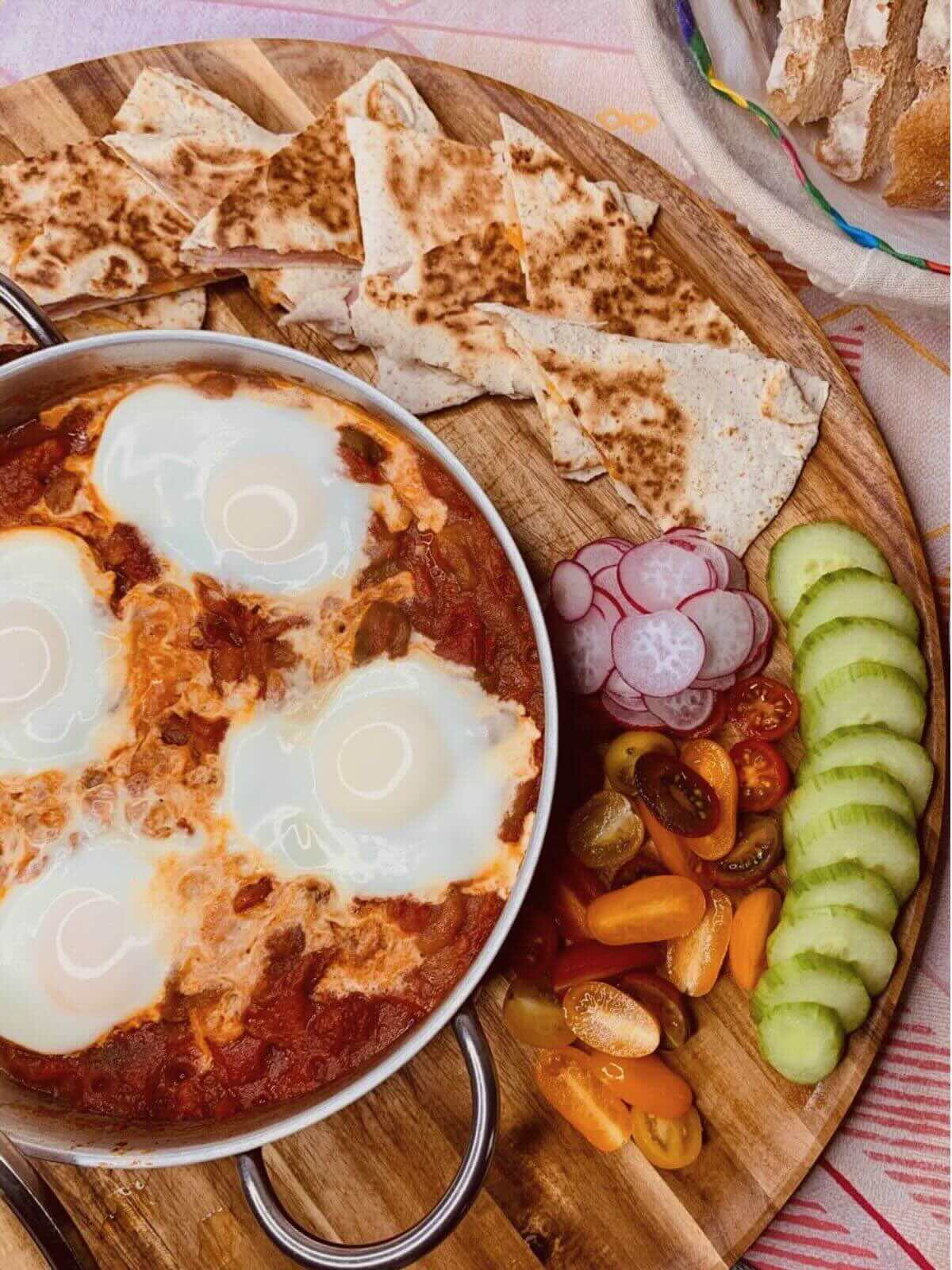 Roast Peppers Baked Eggs in a shallow pan ready to be served