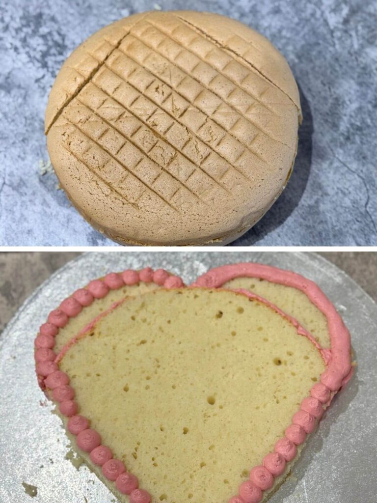 Cutting the cake into a heart shape, layering with berry puree, and spreading buttercream evenly.