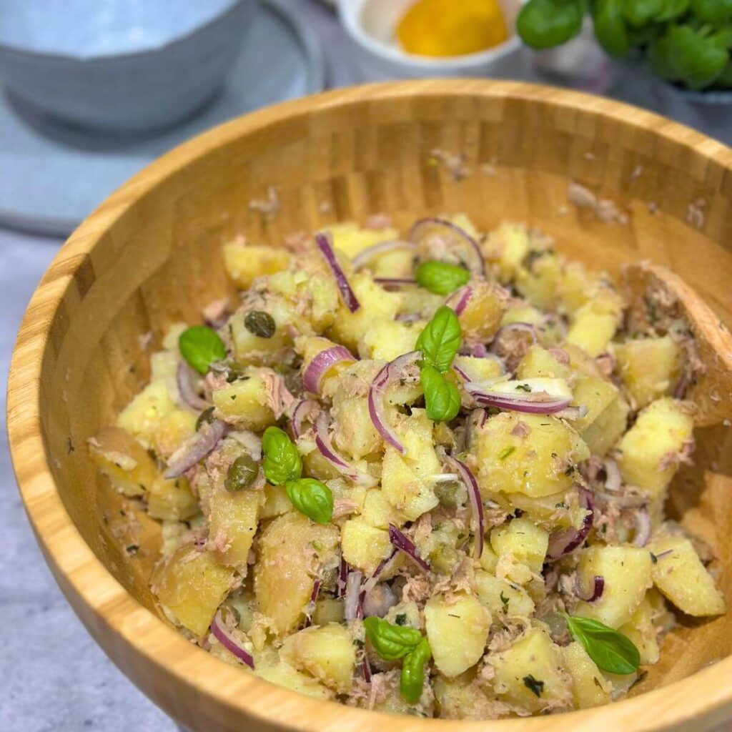 Tuna Potato Salad in a wooden bowl