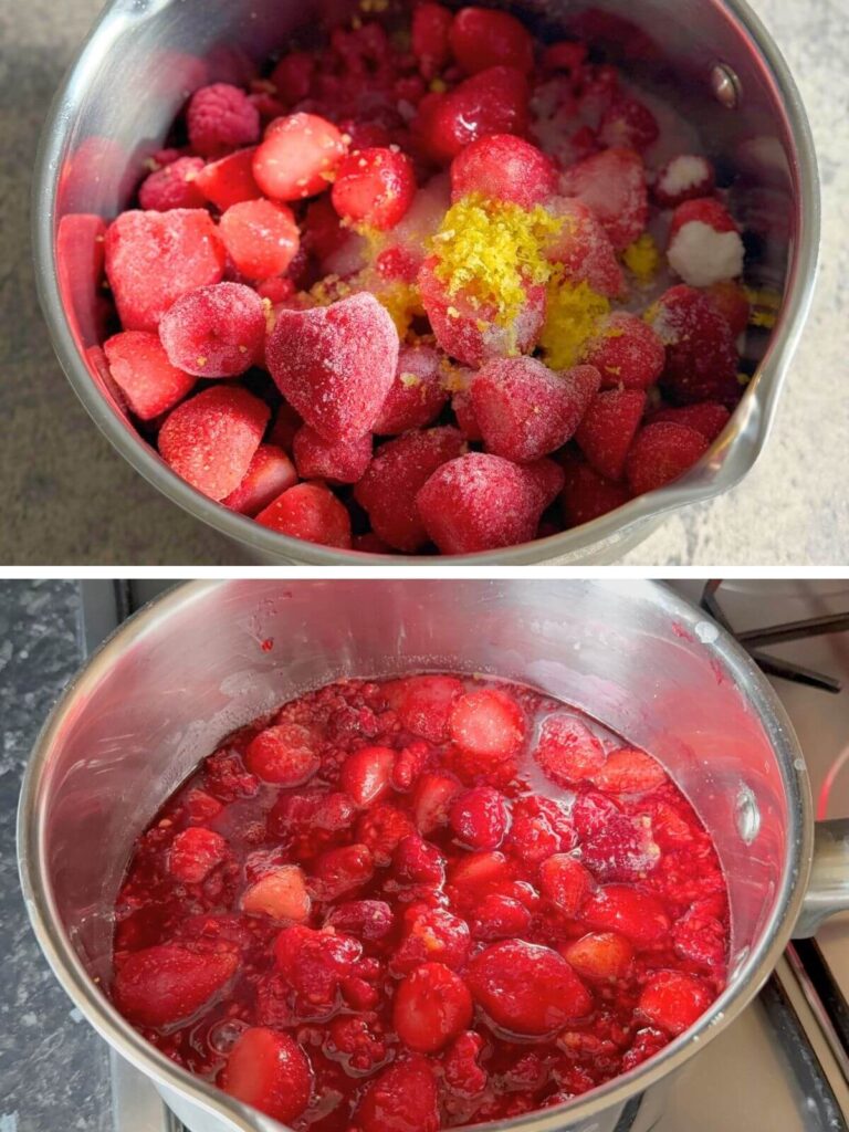 Preparation steps for making berry puree in a saucepan for a heart-shaped cake.