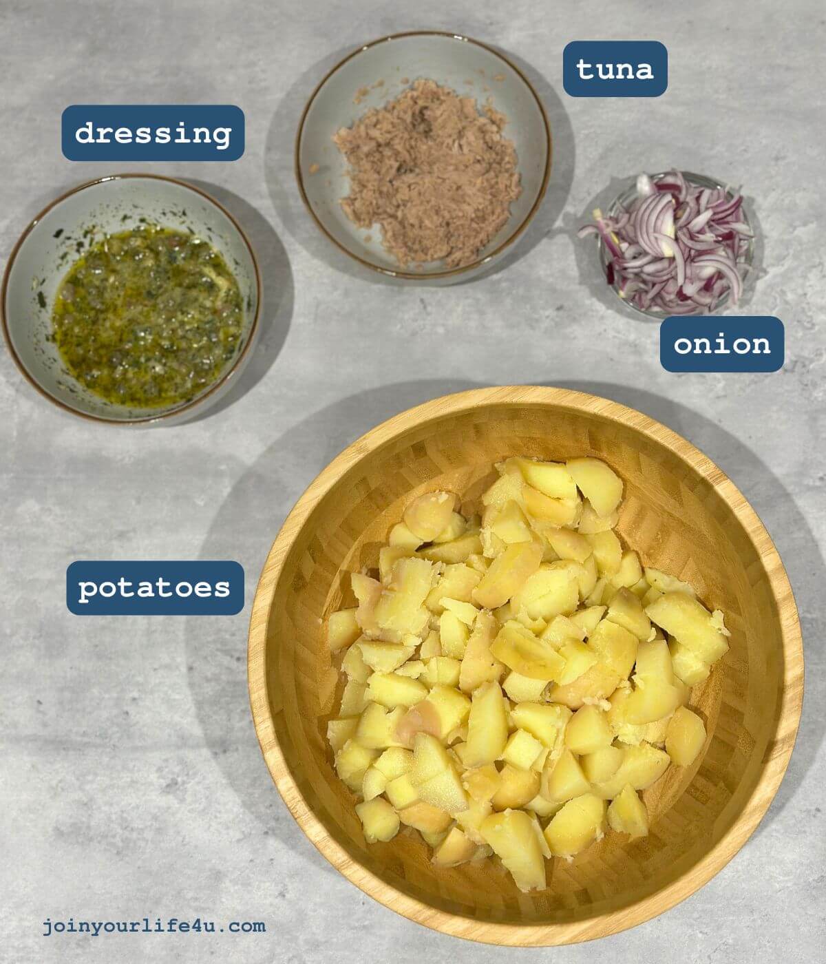 Ingredient shot for how to make potato and tuna salad 