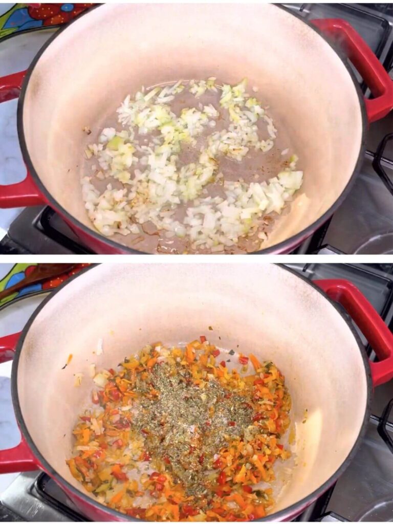 Sauteing onion and adding vegetables for Traditional Romanian Bean Soup (Ciorba De Fasole).