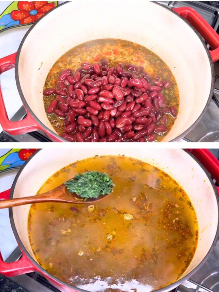 Adding beans and broth over the veggies to simmer for Traditional Romanian Bean Soup (Ciorba De Fasole).